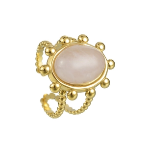 Minimalist gold-plated stainless steel ring featuring an oval pink gemstone and beaded band
