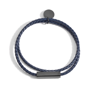 Bracelet tressé double tour bleu pour homme avec fermoir en métal gris anthracite