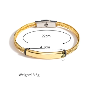 Gold stainless steel mesh chain bracelet with a polished curved plate and sizing info