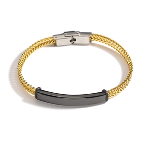 Detailed close-up of men's stainless steel chain bracelet with black geometric plate
