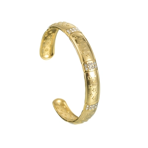 Minimalist gold star embossed open cuff bracelet with inset crystals and geometric details