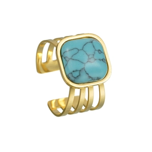 Minimalist gold stainless steel open ring featuring a square turquoise stone inlay