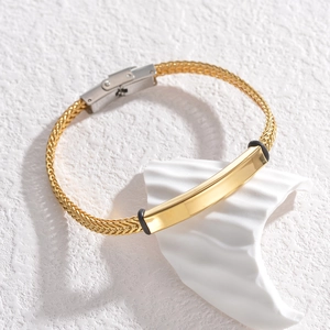Gold chain bracelet for men with rectangular polished engravable metal plate