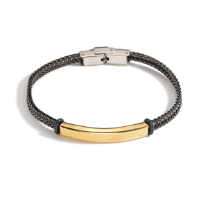Men's stainless steel curb chain bracelet with gold curved bar and folding clasp