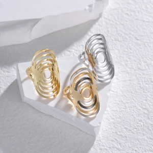 Stainless Steel Multi Layer Hollow Geometric Ring Three Color Minimalist Niche Design Adjustable Open Band For Women Men