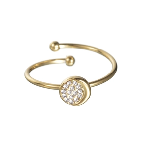 Adjustable golden stainless steel ring featuring a round pave-set cubic zirconia centerpiece