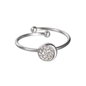Detail view of silver open ring featuring pavé rhinestones and crescent moon accents