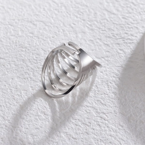 Minimalist silver multilayer open ring with parallel stainless steel band design