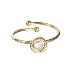 Bague ajustable minimaliste en acier doré avec zircone en cœur et billes dorées