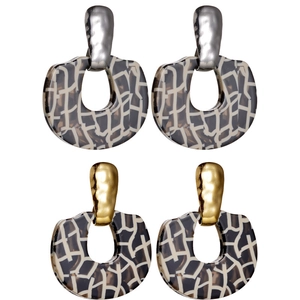 U-shaped leopard geometric drop earrings in gold and silver finish on white background