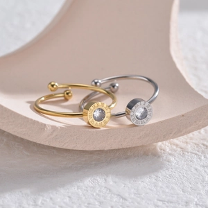 Bague Ouverte En Acier Inoxydable Chiffres Romains Minimaliste Géométrique Rond Zircone Bijoux Ajustables