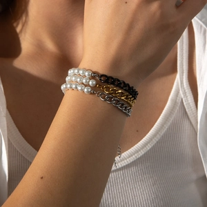 Bracelet Épissure Acier Inoxydable Faux Künstliche Perle Chaîne Gourmette Réglable Bijoux De Mode Minimaliste Pour Hommes Et Femmes