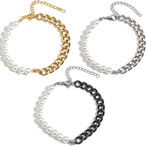 Lot de 3 bracelets en acier inoxydable avec perles et chaînes en or, argent et noir