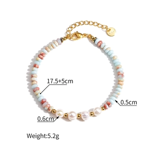 Light blue beaded stainless steel bracelet with freshwater pearls and lobster clasp