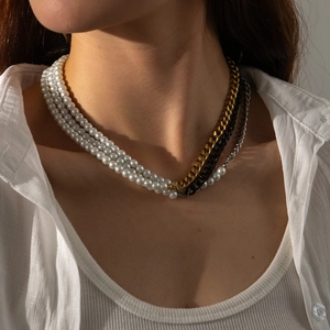 Collier Épissure Acier Inoxydable Avec Künstliche Perles D'Imitation Rondes Et Chaîne Cubaine Bijoux Punk Minimalistes Pour Femmes