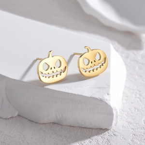 Gold hollow pumpkin stud earrings in 304 stainless steel for Halloween jewelry accessory