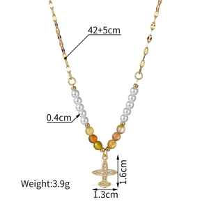 Collier en perles dorées avec pierres multicolores et pendentif avion, longueur 42+5cm