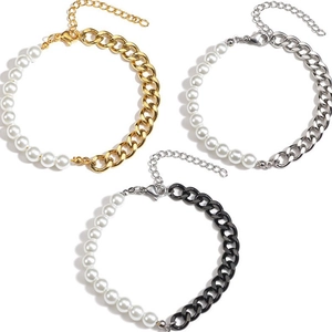 Bracelet tendance perles et chaîne gourmette en finitions or, argent et noir