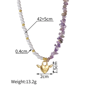 Minimalist stainless steel heart lock necklace with pearls and amethyst stones