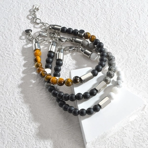 Ins style matte stone beaded bracelet set with stainless steel heart charm for couples