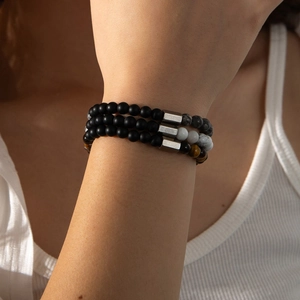 Stainless Steel Beaded Bracelet For Couples Matte Natural Stone Tiger Eye Adjustable Minimalist Neutral Jewelry
