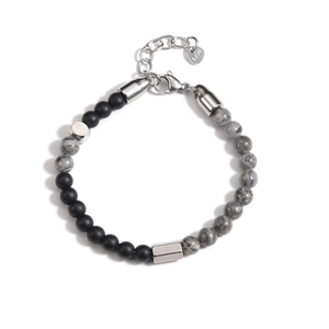 Detail of matte black and marble stone bead bracelet with stainless steel lobster clasp