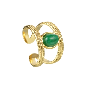 Anello minimalista a due strati in acciaio inossidabile dorato con pietra ovale verde