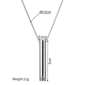 Polished stainless steel cylinder whistle pendant necklace with dimensions and 48+5cm chain