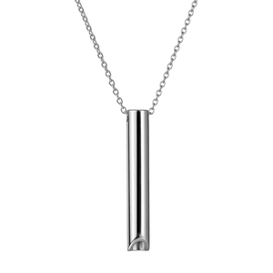 Polished silver cylindrical whistle pendant necklace on a sleek stainless steel cable chain