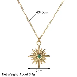 Gold stainless steel starburst pendant necklace with emerald green stone and dimensions
