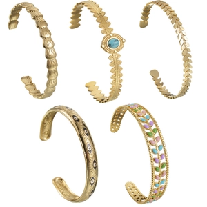 Detailed collection of five gold-plated stainless steel cuff bracelets with evil eye patterns