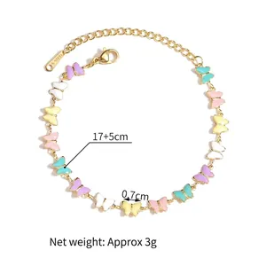 Minimalist gold stainless steel bracelet with colorful butterfly pendants and adjustable chain