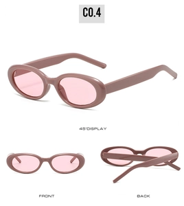 Three-angle view of oval vintage sunglasses with dusty rose frames and pink lenses