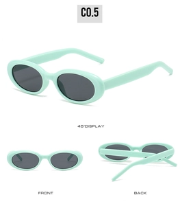 Multiple views of mint green oval sunglasses featuring gray lenses and vintage retro style