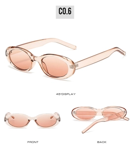 Detailed views of oval retro sunglasses showing the 45-degree angle, front and back design