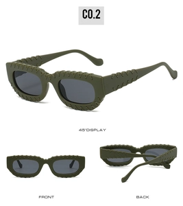 Trois perspectives de lunettes de soleil vert olive avec monture tressée et verres gris