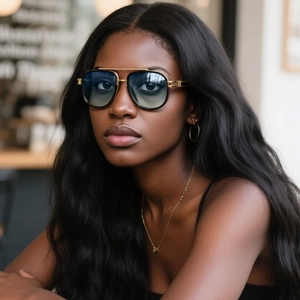 Classic pilot sunglasses with gold double bridge and black frames on a female model