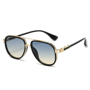 Classic retro aviator sunglasses with black gold frames and blue yellow gradient lenses
