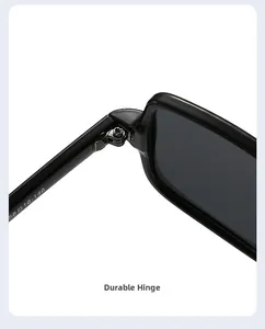 Close-up of sturdy metal hinge and size specs on black square sunglasses frame