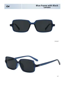 Front and 45-degree views of retro blue rectangular sunglasses with dark grey lenses