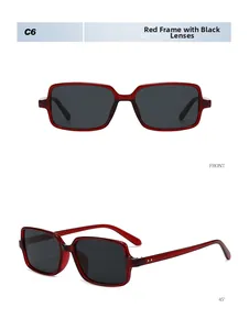 Detail of red vintage square sunglasses with silver rivets and grey lenses from two angles
