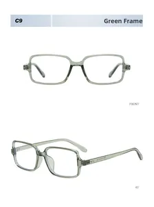Detailed views of sage green square sunglasses with rivet accents and inner temple specs
