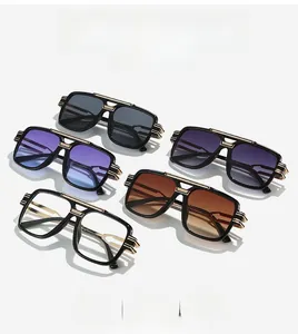 Close-up of square fashion sunglasses in multiple gradient colors and metal accents