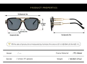 Size chart showing square oversized sunglasses dimensions in centimeters and inches