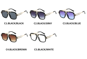 Comparison of square sunglasses in five colors with thick frames and golden metal temples