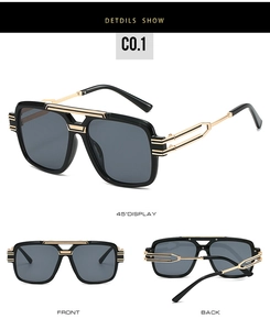 Three-angle views of oversized square pilot sunglasses with black frames and gold temples