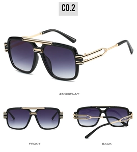 Detail view of square oversized sunglasses with gold metal temples and gradient purple lenses