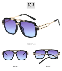 Black and gold square sunglasses featuring purple gradient lenses in three view angles