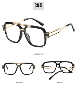 Three-way view of square oversized sunglasses with black frames and gold bridge details