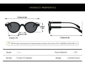 Detailed size chart for retro round sunglasses showing frame dimensions and PC material info